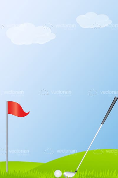 Golf Field Scene with Golf Club, Ball and Flagstick